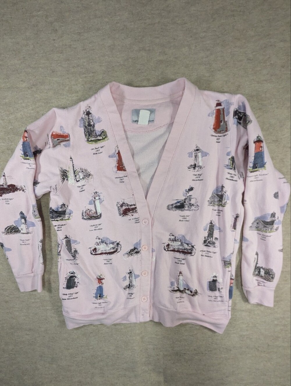 Light Pink V Cardigan North East Coast Lighthouses Print Vintage Grannycore Larg